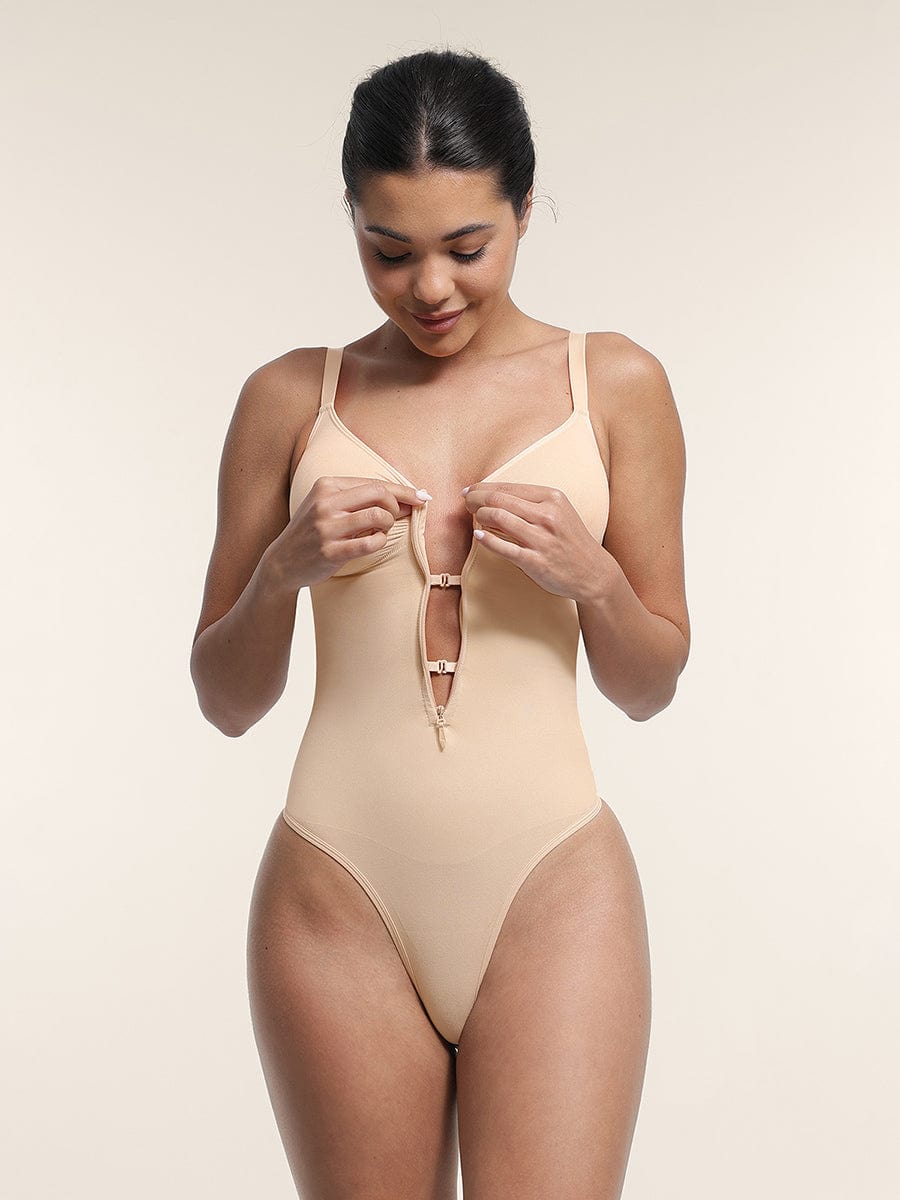 Wholesale Seamless Plunge Bodysuit with Inner Chest Support & Built-in Bra Features