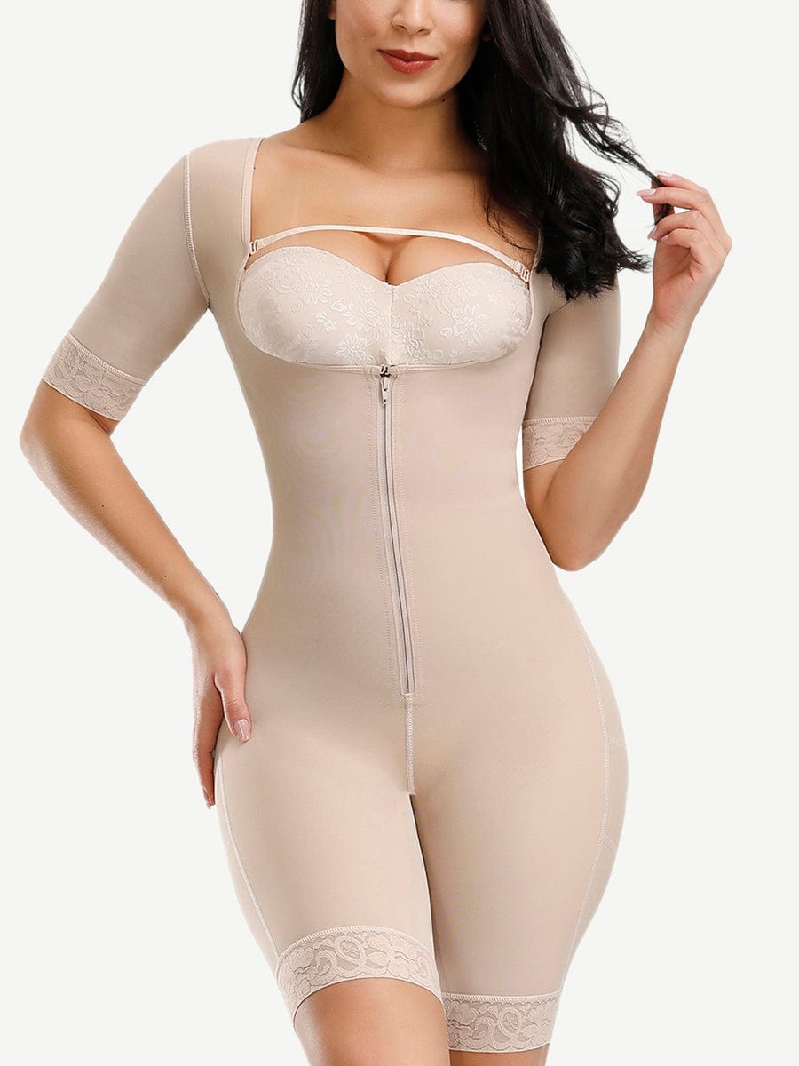 Wholesale Natural Color Lace Full Body Shaper with Zipper and Open Crotch - Slimming & Butt Lifting